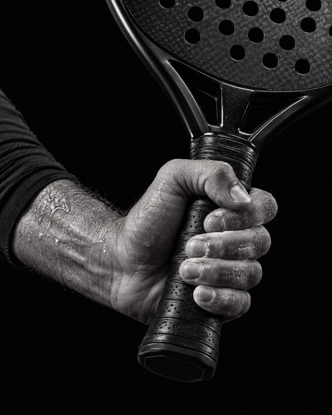 An athlete’s hand gripping a padel racket